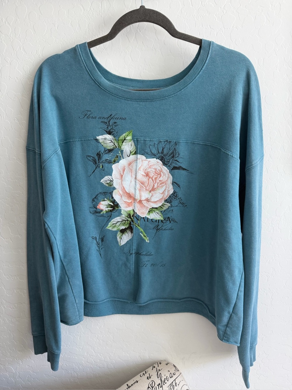 Rebellious One Teal Blue Crewneck Sweatshirt with Pink Rose Print